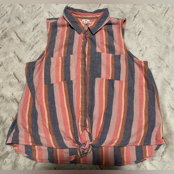 dip Tops - Dip Pink and Blue Linen Sleeveless Front Tie Striped Shirt